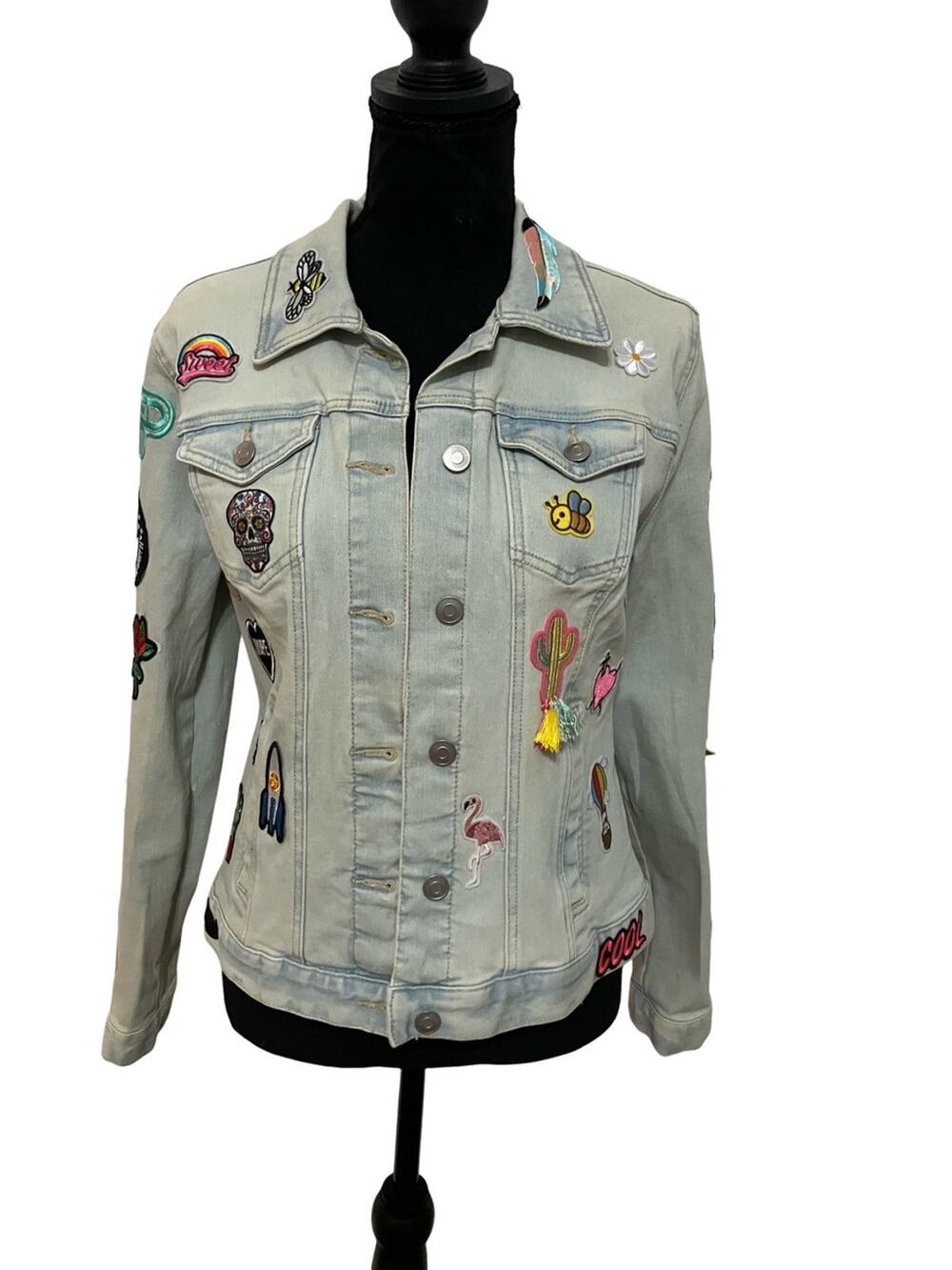 Time and Tru Light Wash Denim Jacket with Colorful Embroidered Patches